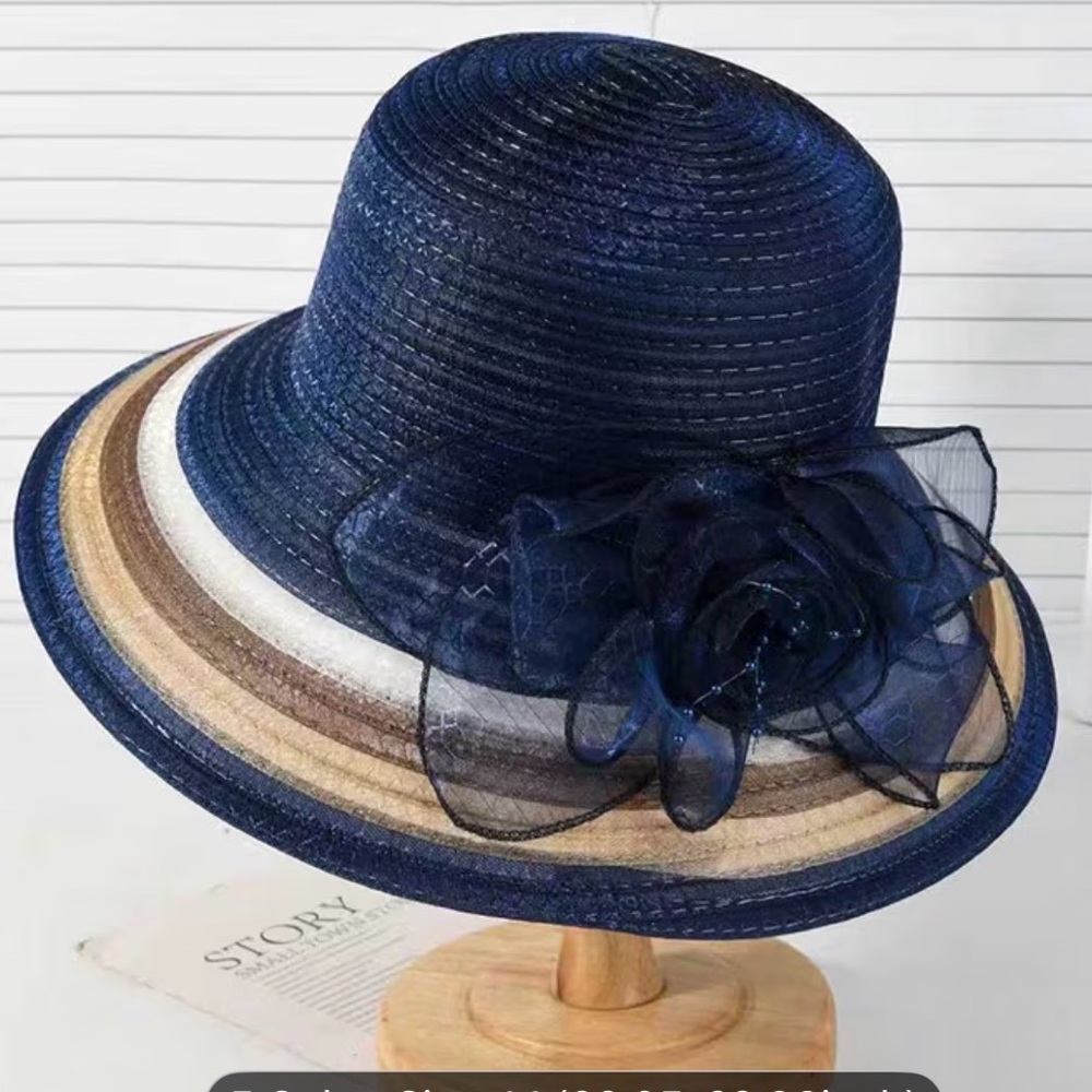 Elegant Navy w/ white, tan, beige trim -Floral organza bow